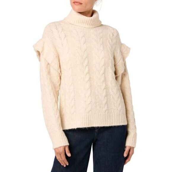 Joe’s Jeans Cable Knit Ruffle Sleeve Turtleneck Sweater Cream Ivory M - Picture 4 of 11
